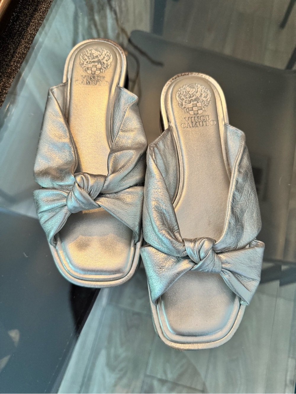 Vince Camuto Ejella Metallic Silver Leather Bow Slide Sandals